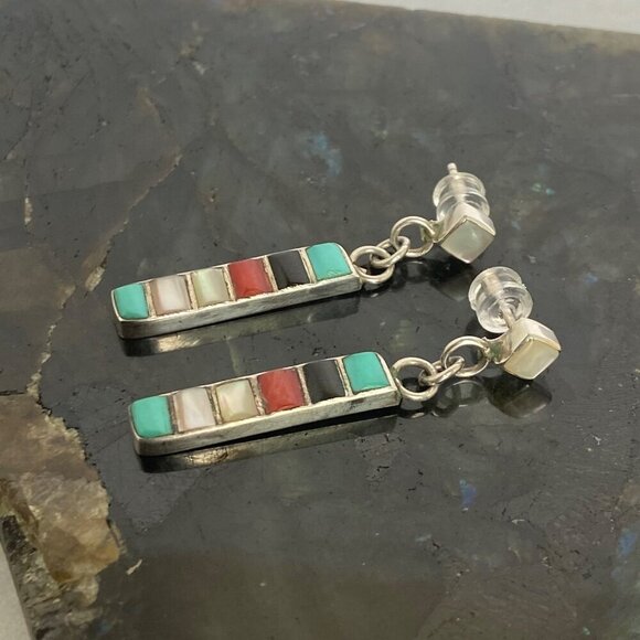 Sterling Silver 925 Multi Gemstone Turquoise Coral MOP Bar Dangle Earrings - Picture 16 of 16